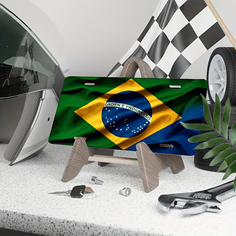 Vintage Brazil National Flag License Plate 2D Flat Aluminum Tin Sign Wall Art Decor for Garage Bar Man Cave and Car Front Plate