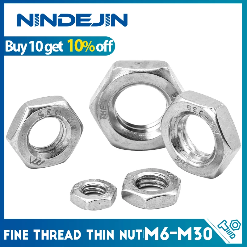 NINDEJIN 1-20szt Śruba z nakrętką sześciokątną z cienkim gwintem 304 Stal nierdzewna M6 M8 M10 M12 M14 M16 M18 M20 Śruba z nakrętką sześciokątną