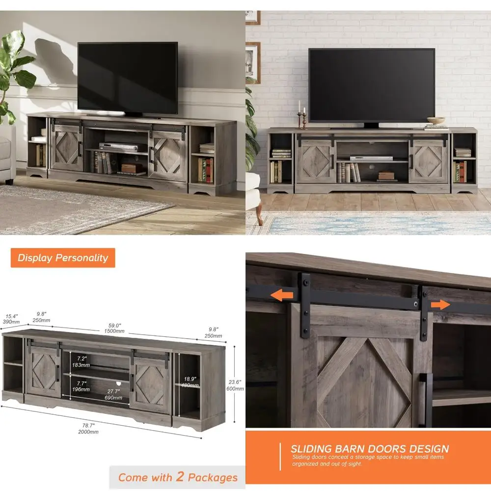 

Farmhouse Style 3-in-1 TV Stand for 85 TVs - Wood Entertainment Center with Sliding Barn Door and Adjustable Media Storage
