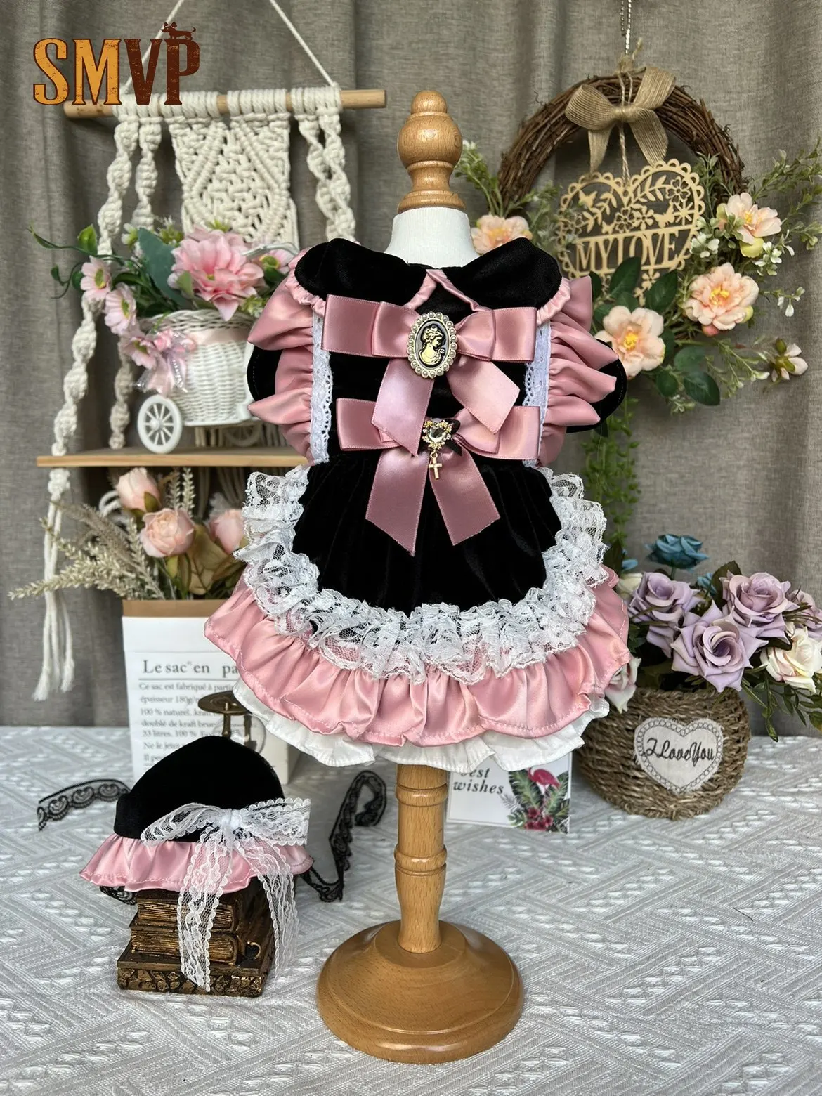 

Original Design Black Pink Velvet Fabric Lolita Exquisite Gorgeous Sweet Court Style Pet Kitten Puppy Dress