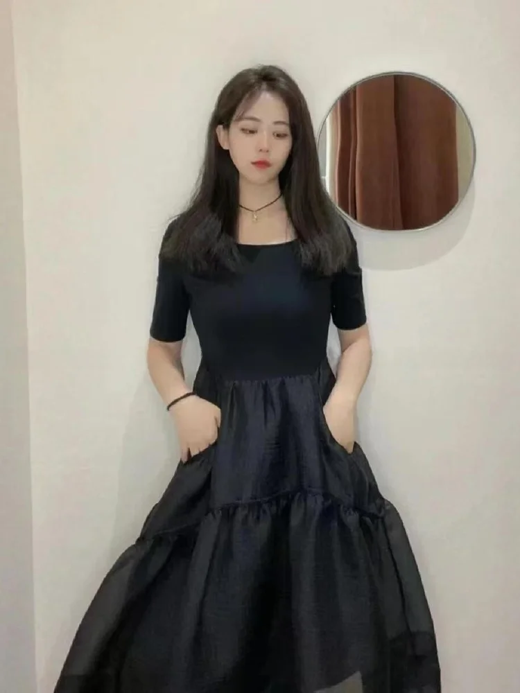 Ele Bla Średniej Długości Dzianinowa Spódnica Damska z Wysokim Stanem w Kształcie Litery A Letnia Nowa Krótka Spódnica z Okrągłym Dekoltem