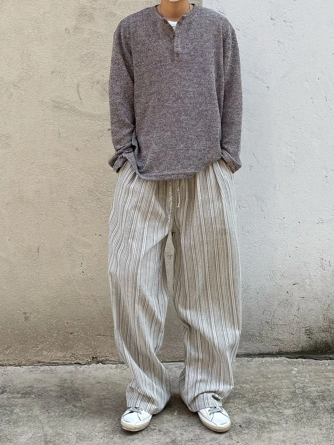 

Loose Wide Leg Pants Korean Sle High Waist Elastic Waist Striped Long Pants Men Women Summer Lazy Texture Casual Trousers