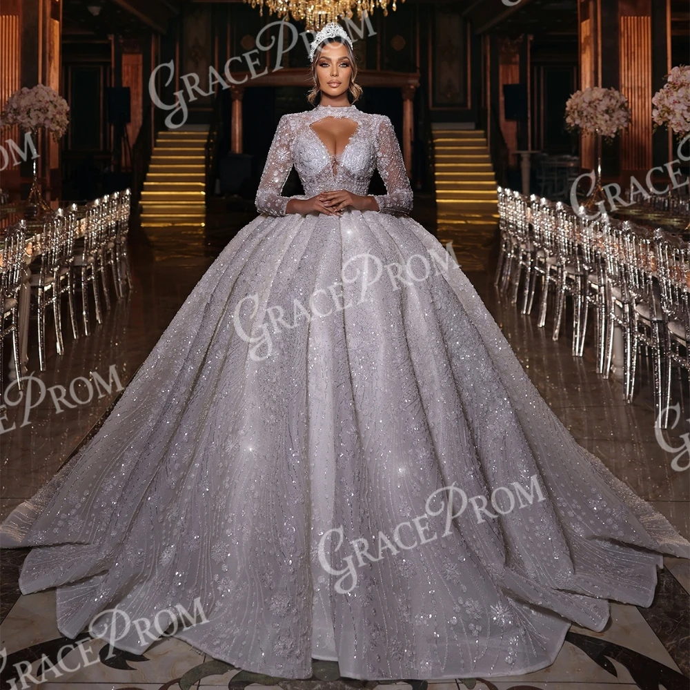 

Newest Floral Wedding Dress For Women Sexy Cut Out Long Sleeved Bride Wear Customized Sparkly Princess Delicate Ball Gown