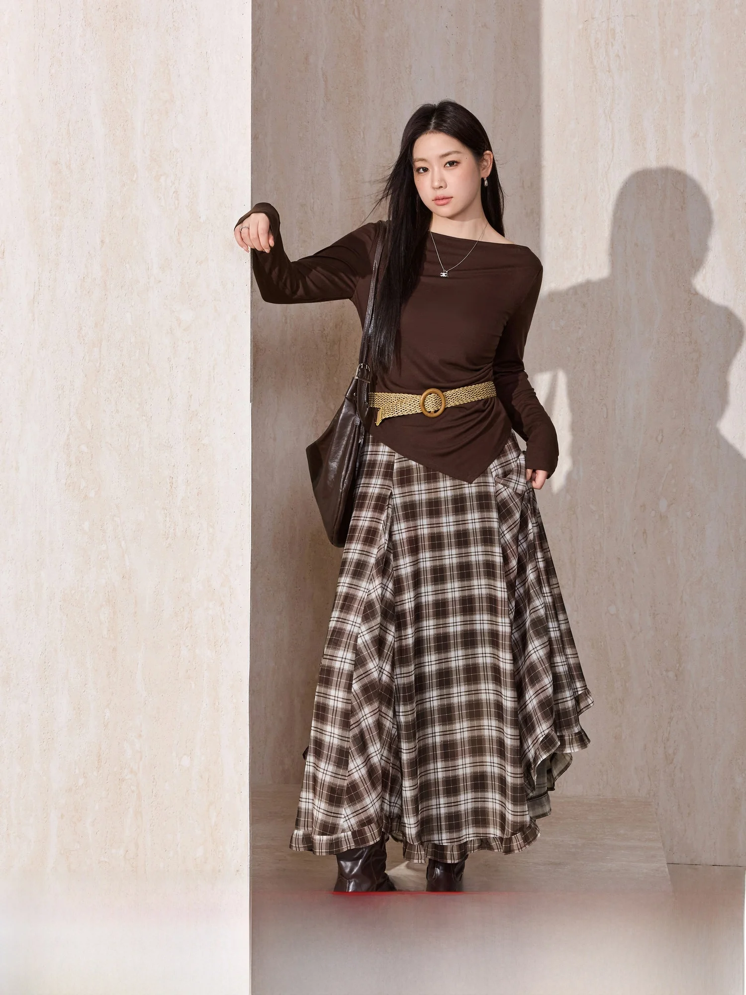 

Blue Language Large Size Women's Spring New Loose oulder Two-Way Long Sve T-irt Vintage Plaid Skirt Set