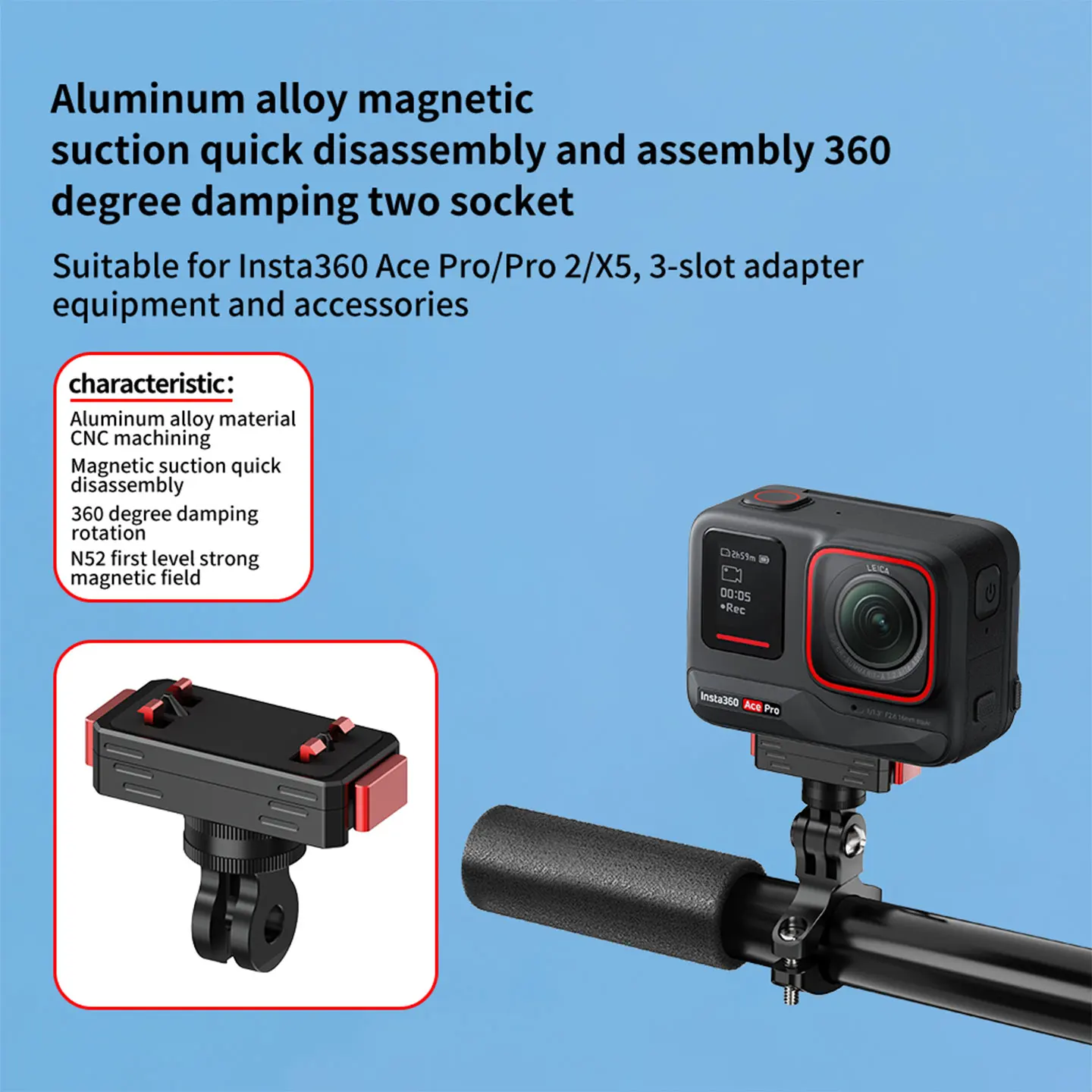 Für Insta360 Ace Pro 2 / Ace Pro / Ace X6 / X5 Magnetische Schnellwechselbasis 360° drehbare Stativhalterung 1/4 17/25mm Kugelkopfadapter – Detail 9