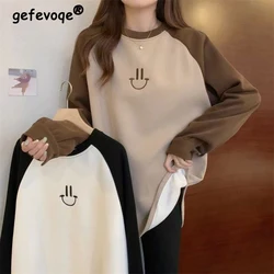 Simple Streetwear Oversized Fleece Thicken Cute Smile Embroidery Sweatshirts Women Winter Loose Long Sleeve Pullovers Tunic Top