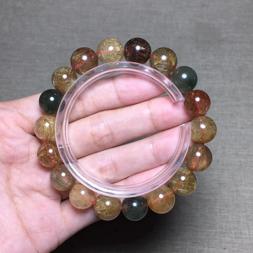 

Natural Colorful Rutilated Quartz Bracelet 11.5mm Gold Green White Rutilated Clear Round Women Bracelet AAAAAA