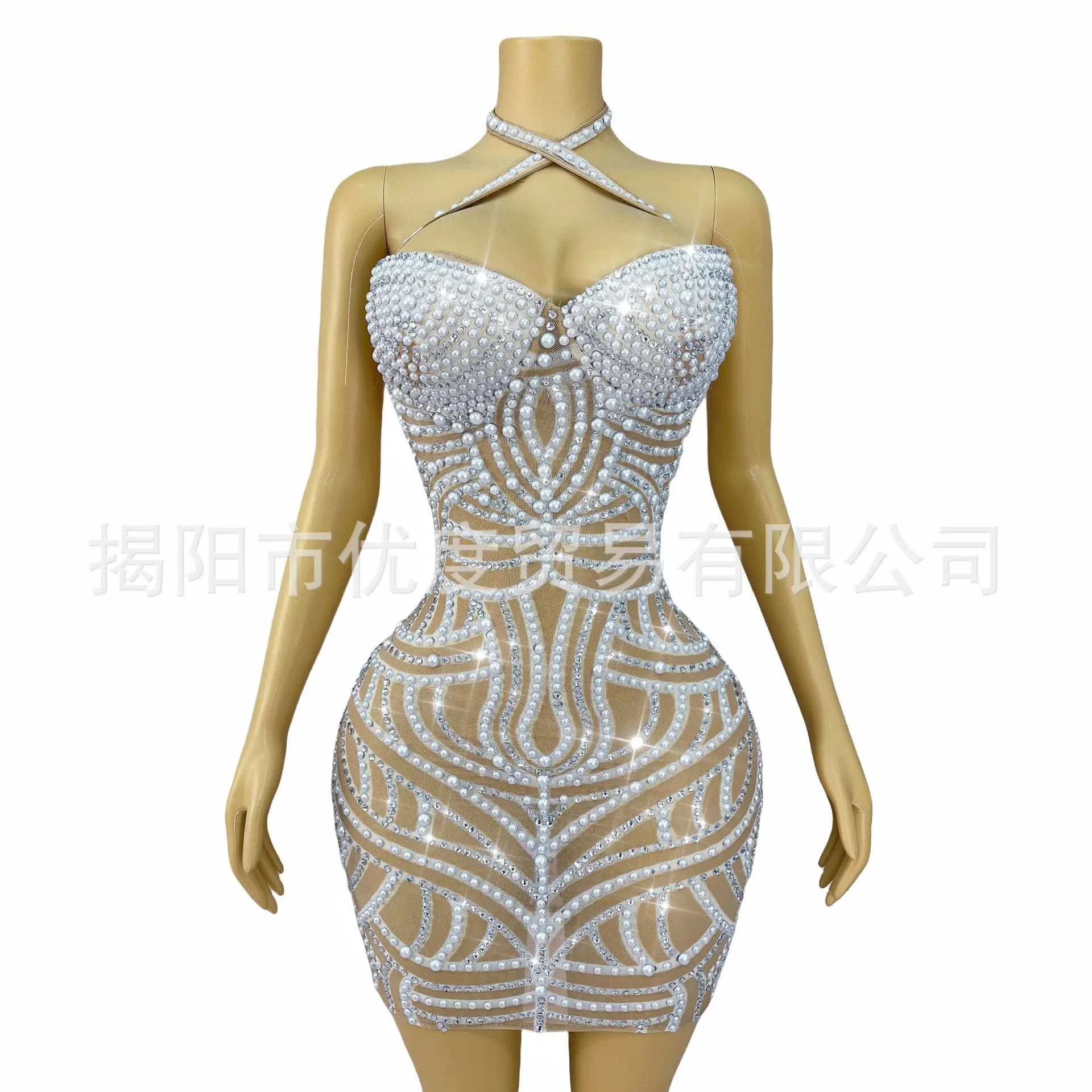 Design Sense Shines Rhinestones Cross Halterneck Dresses Cocktail Parties Night Performances Short Skirts Cloud Thread Skirts