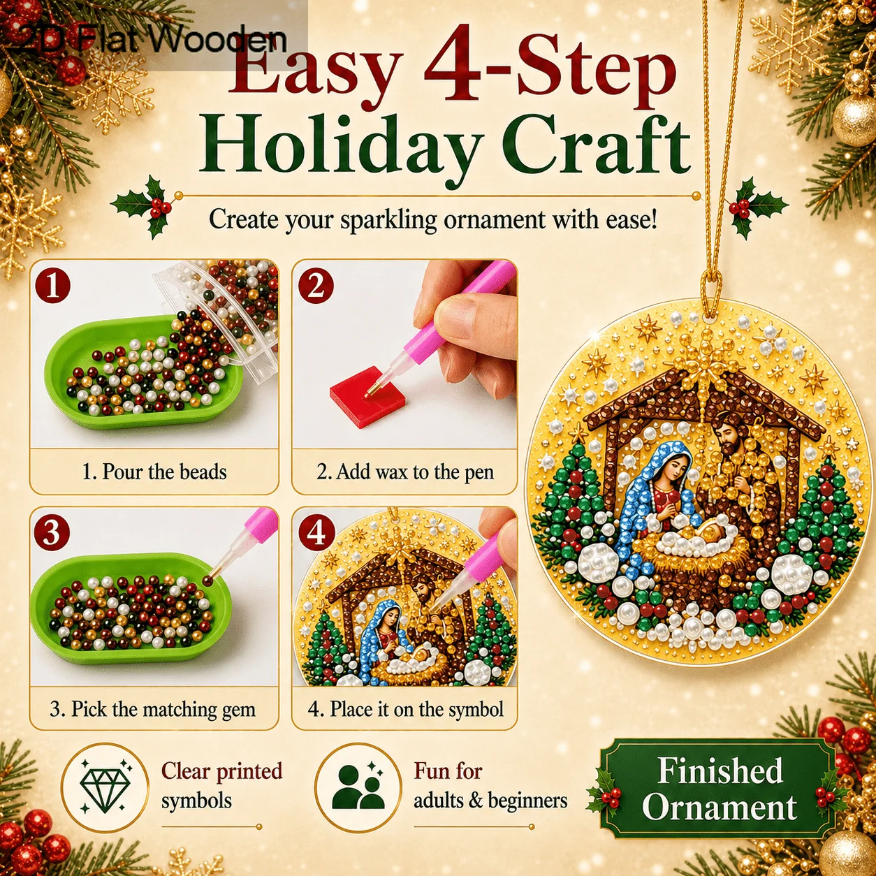 2D Flat 6Pcs DIY Diamond Painting Kit, Wooden Christmas Diamond Art Hanging Ornament, Religious Nativity Jesus Angel Cross