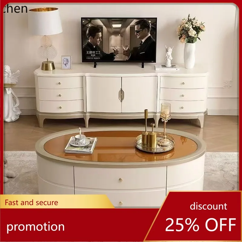 

HXL Solid Wood European Style Villa Living Room High-End Elegant TV Cabinet and Coffee Table Set