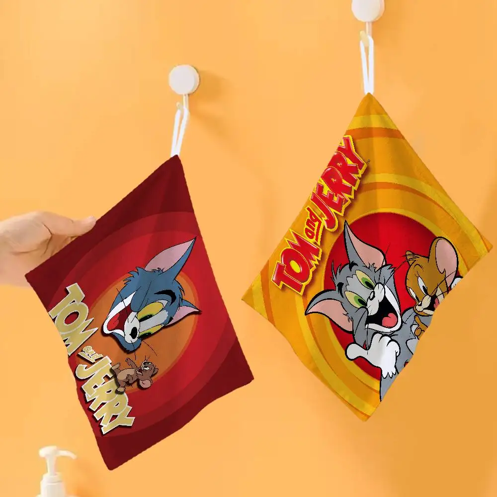 Cartoon T-Tom and J-Jerry Polyester Cotton Hanging Kitchen Towel, Skin Friendly Hand Wiping Towel for Hotel Cafe Household