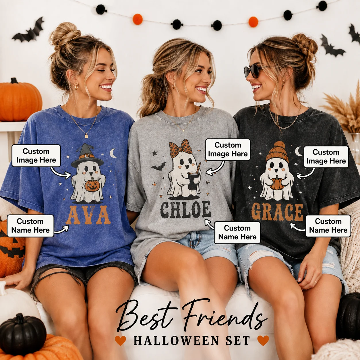 Custom T Shirt Personalized Name Photo Tee Unisex Washed Cotton Shirt Halloween Ghost Friends Tee for  Girls Teens Party Gift