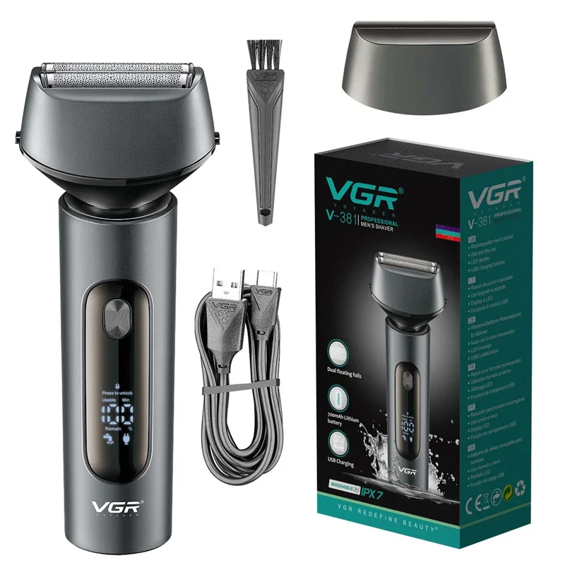 VGR 3-Blades Wet Dry Electric Shaver For Men Rechargeable Facial Electric Razor Washable Beard Shaving Machine LCD Display