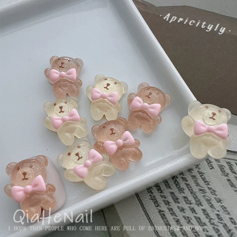 10pcs miniso Ice translucent bear bow cartoon nail charms for diy nail making kawaii cute resin nail art decoreation