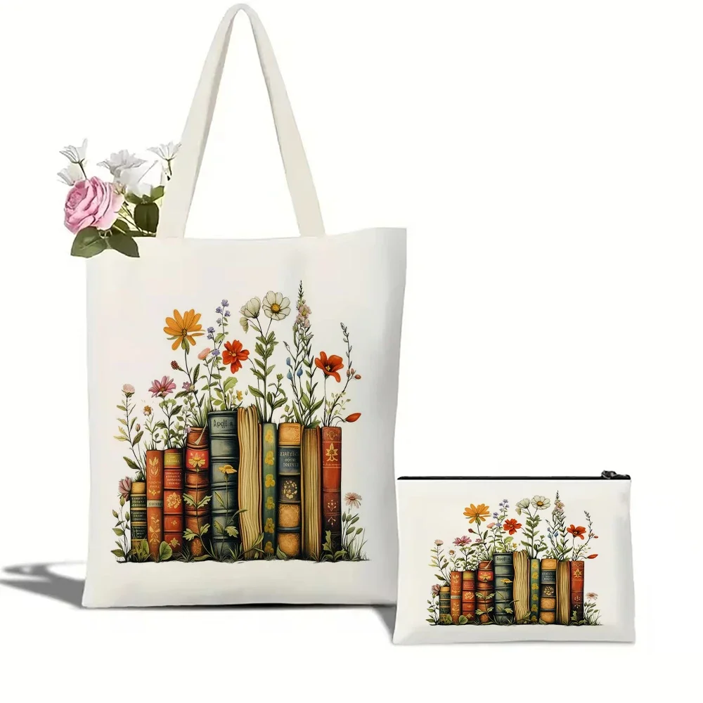 

Сумка Ote с цветочным и книжным узором, большая вместительная сумка для покупок, Harajuku, женская сумка на плечо с героями мультфильмов, эко-сумки для девочек