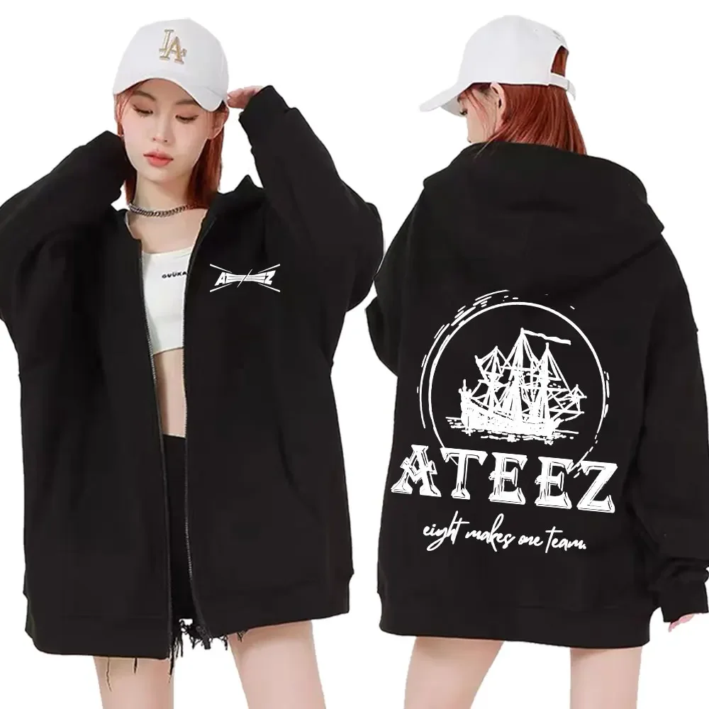 Ateez 트렌디 앨범 투어 2024 지퍼 후드티 남녀 공용 한국 패션 지퍼 스웨트셔츠 트렌디 재킷 후드 탑