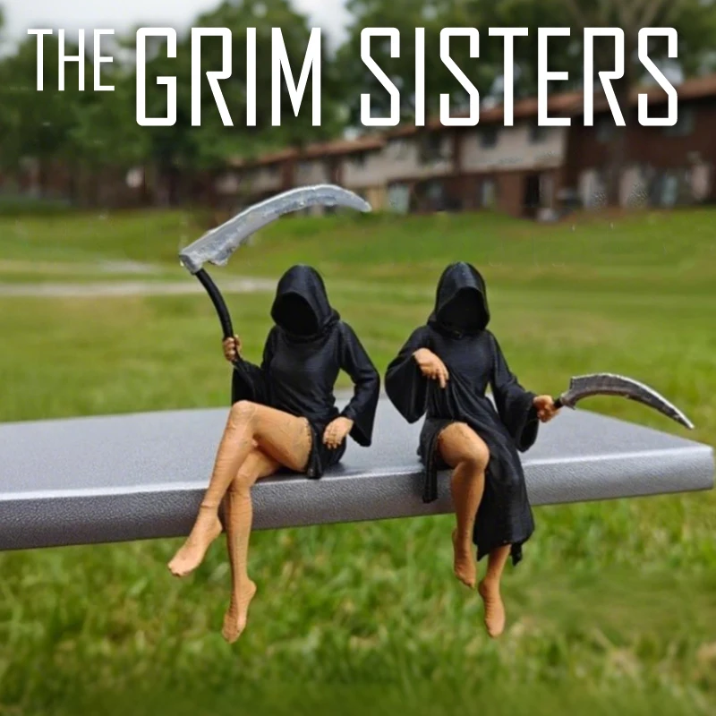Gothic Death Sisters Figure Grim Reaper Bookshelf Sculpture 3D Printed Spooky Statues Holding Sickle Desktop Ornaments Halloween