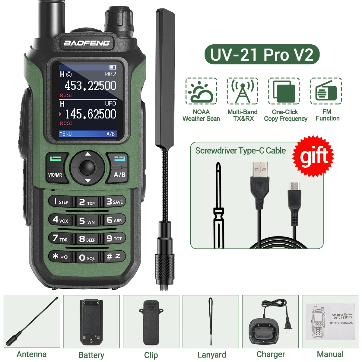 Baofeng Uv 21 Pro Draadloze Kopieer Frequentie Walkie Talkie 16 Km Am Lange Afstand Waterdichte Multi-Band Type-C Oplader Ham Radio Uv 5r