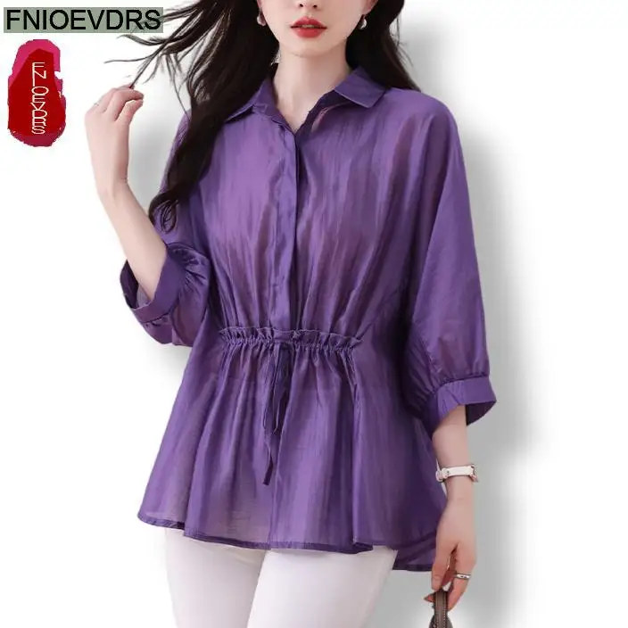 L-5XL Loose Clothes 2024 Summer Retro Button Tops Short Sleeve Women Tunic Fashion Purple Peplum Shirts Blouses