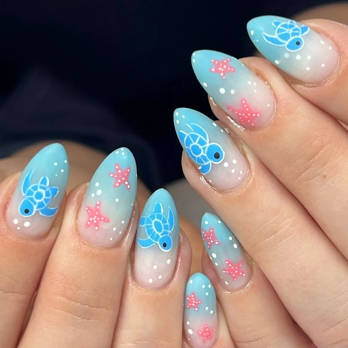 

24pcs/set Almond Fake Nails for Women Girls Fashion Ocean Jellyfish Turtle Cute Animals Design Press on False Nail Art Tips