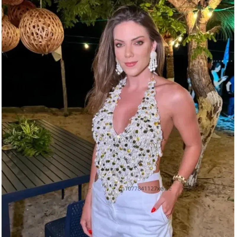 여름 새로운 밸리 댄스 의상 유럽과 미국의 진주 쉘 섹시한 스팽글 레이스 업 백리스 할로우 탑 짧은 스커트 세트