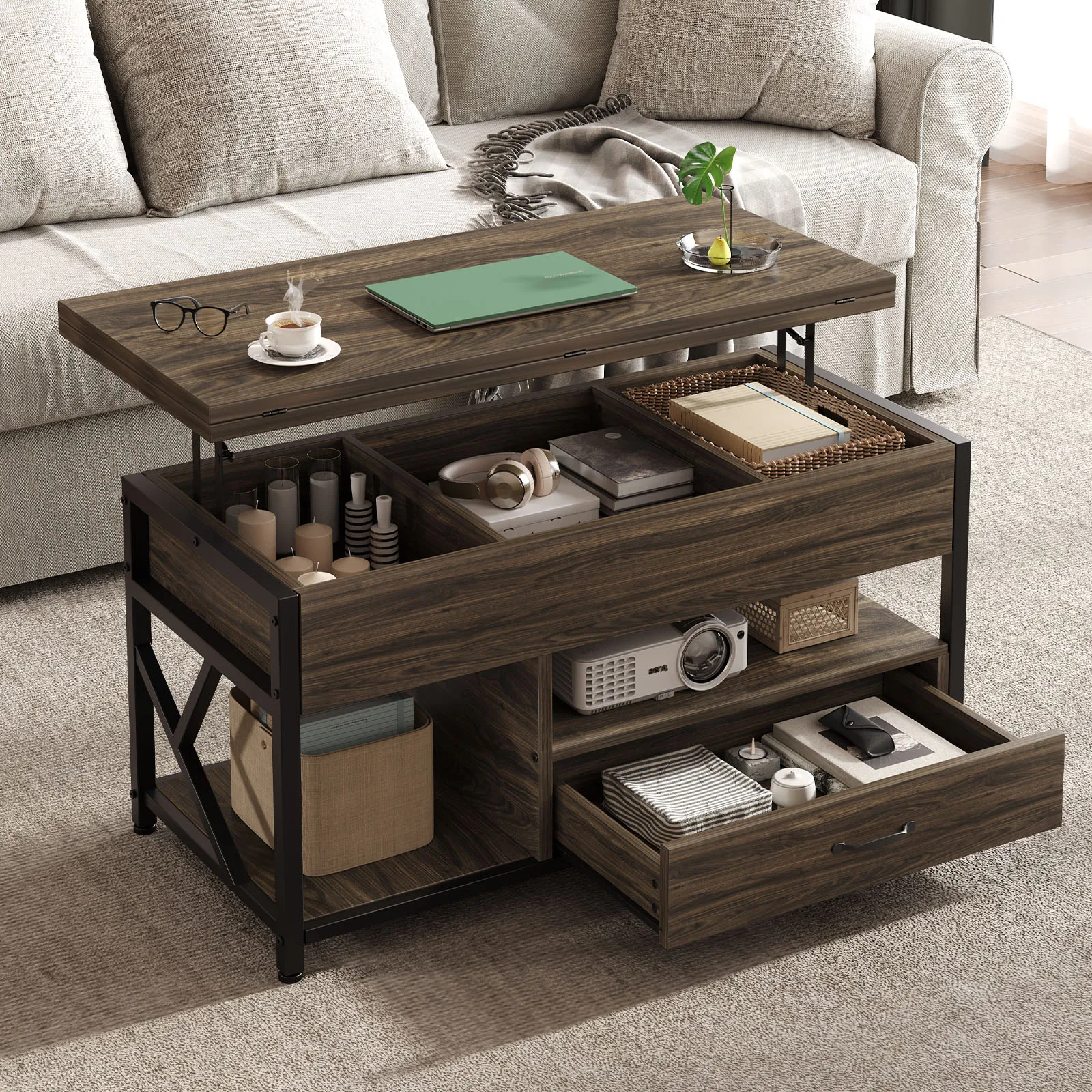 

Coffee Table,40" Lift Top Coffee Table with Drawers & LED Light,Coffee Table with Hidden Compartment & 2 Open Shelves,Black