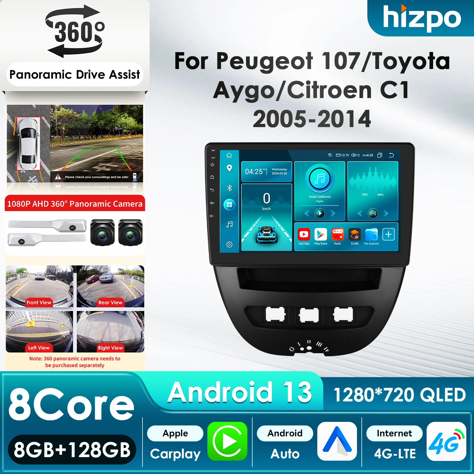 

Hizpo 2Din 360Camera Car Intelligent Systems Android 14 Car Radio for Peugeot 107 Toyota Aygo Citroen C1 Multimedia Autoradio AI