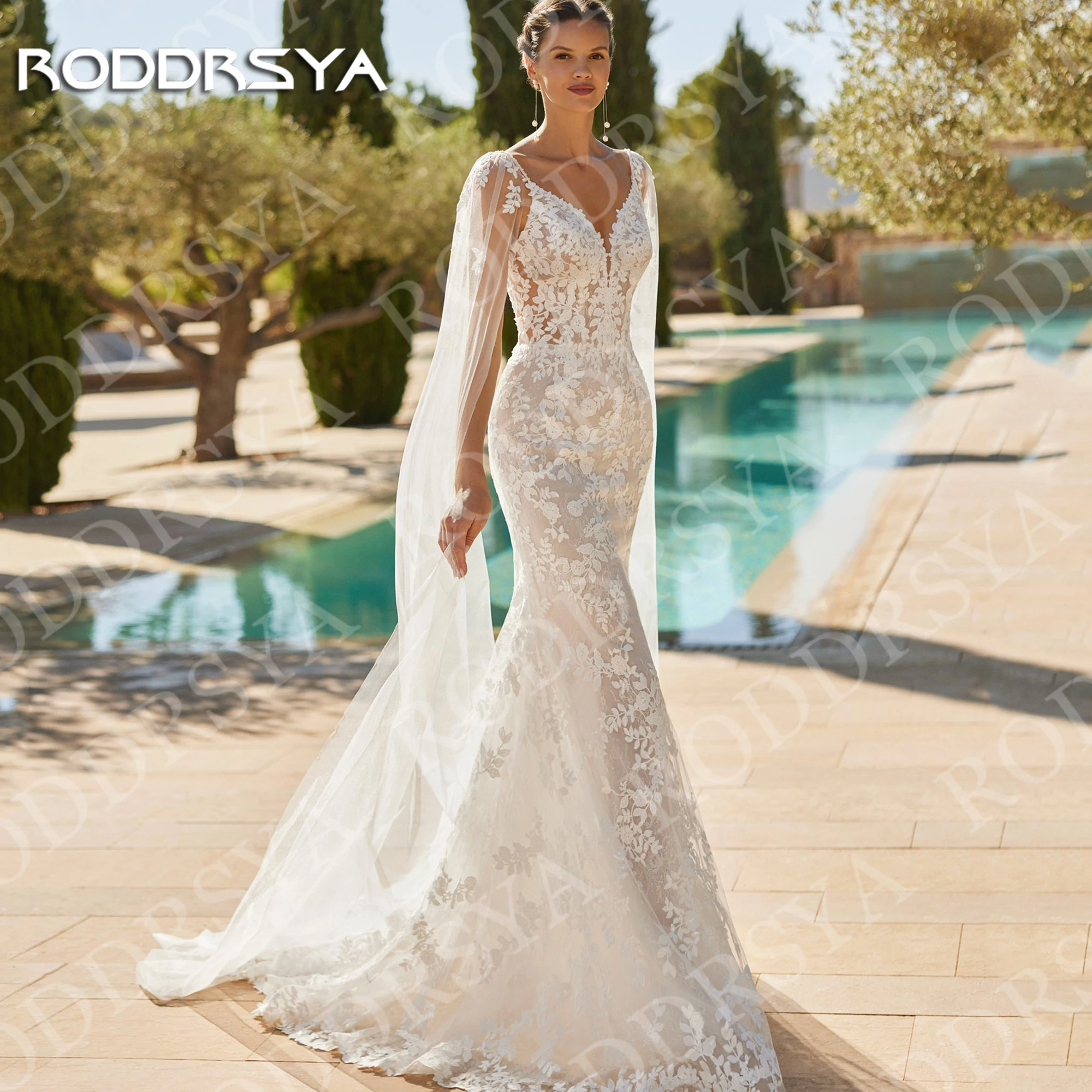 RODDRSYA Mermaid Wedding Dresses V Neck Cape Sleeves Vestido Novia Bohemian Lace Backless Tulle Bridal Dress Beach Customized