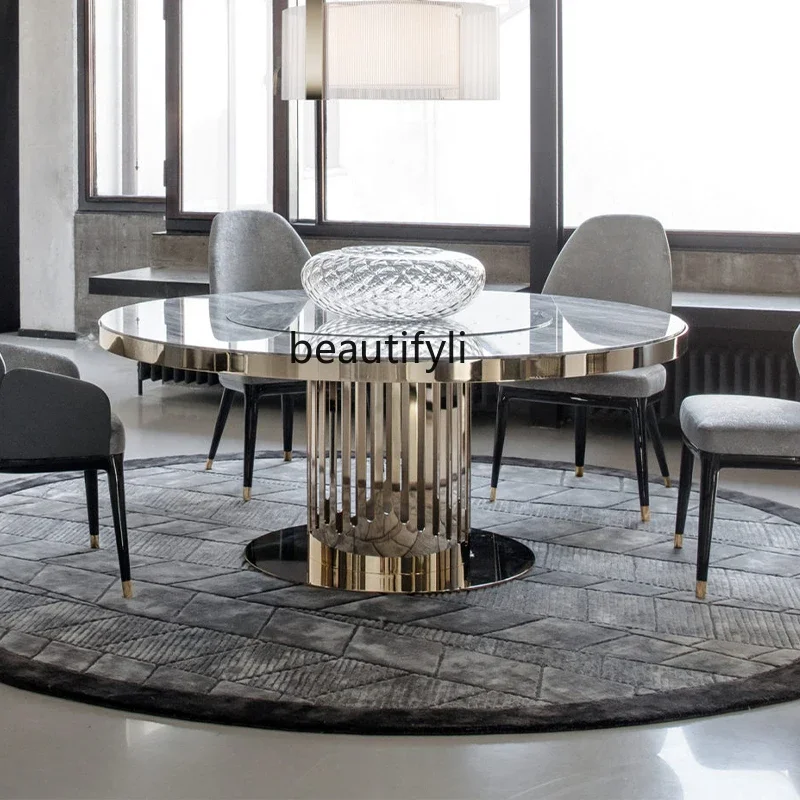 

Italian light luxury high-end round dining table stainless steel large round table blue gold sand marble