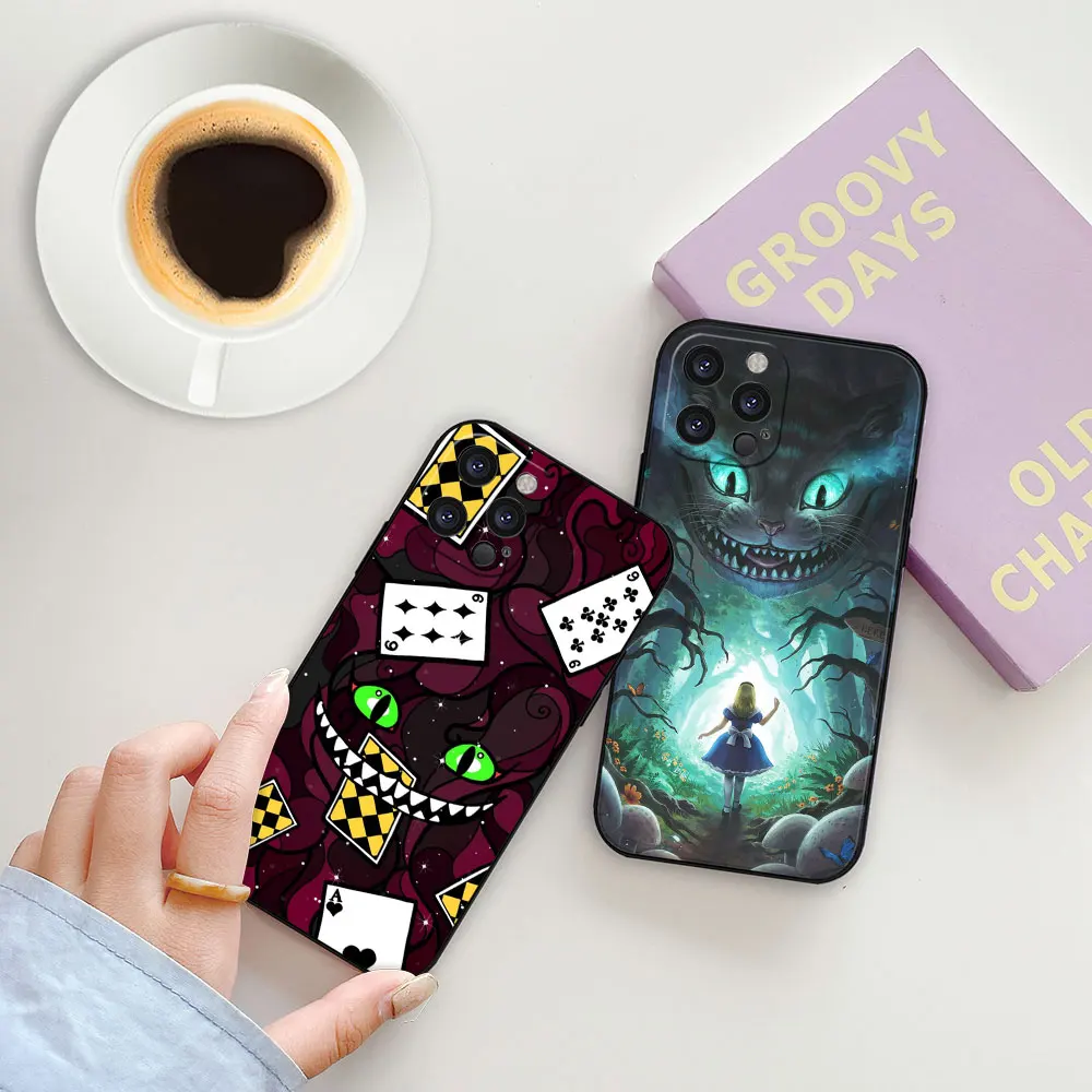 Disney Cheshire Cat Alice in Wonderland Phone Case For iPhone 15 14 13 12 11 16 Max Mini 7 8 Plus X XS XR SE Black Soft Cover