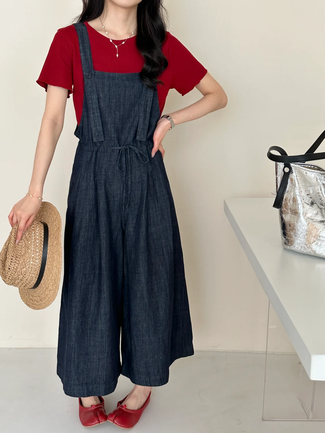 

Women's Casual Loose Denim Overalls Summer 2025 New Sle Korean Version Wide Leg Pants High Waist Nine Points Cotton