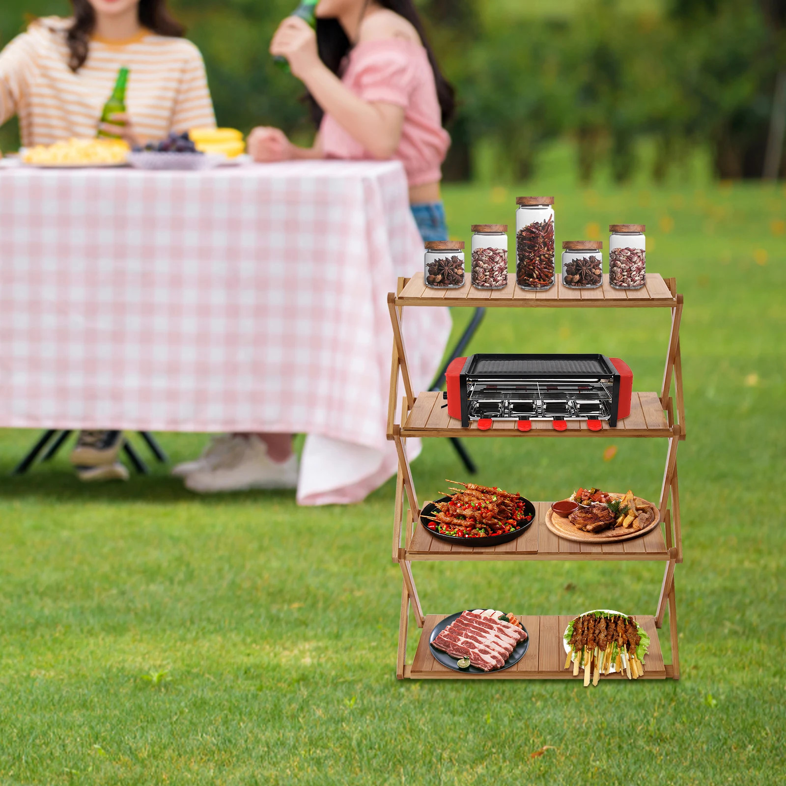 4Tiers Foldable Outdoor Picnic Table Portable Bamboo Outdoor Shelf for Outdoor Kitchen RV for Picnic BBQ Large Capacity Natural