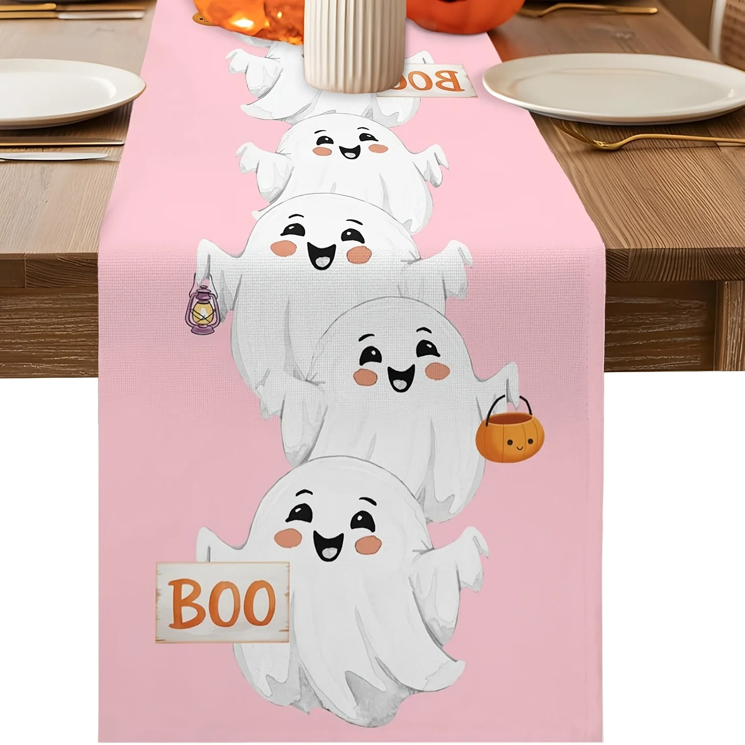 1pc Pink Ghost Table Runner, Cute Cartoon Ghost Boo Pattern Decor, Halloween Party Table Cover for Home Kitchen Dining Room Tabl