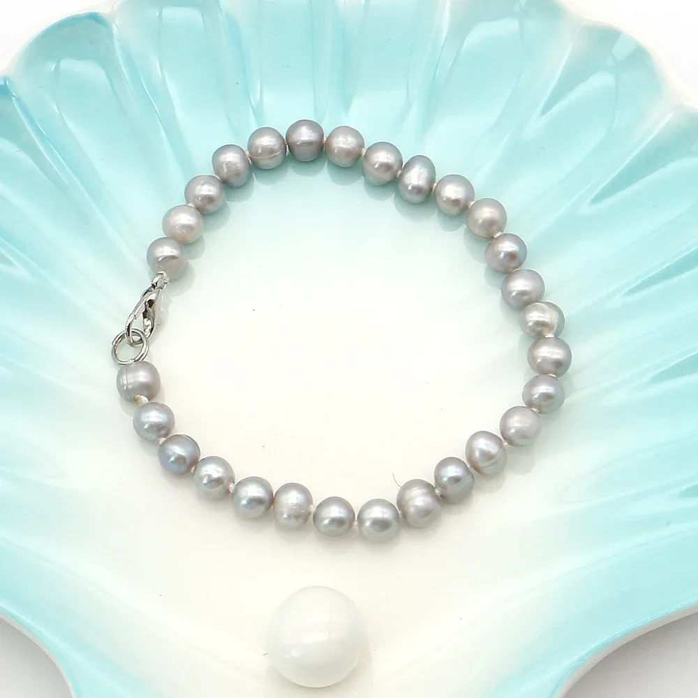 Minimalist Designed Silver-white Color Baroque Round Pearl 6-7mm Straight-hole Bracelet 17cm Clothing Matching Jewelry Accessory