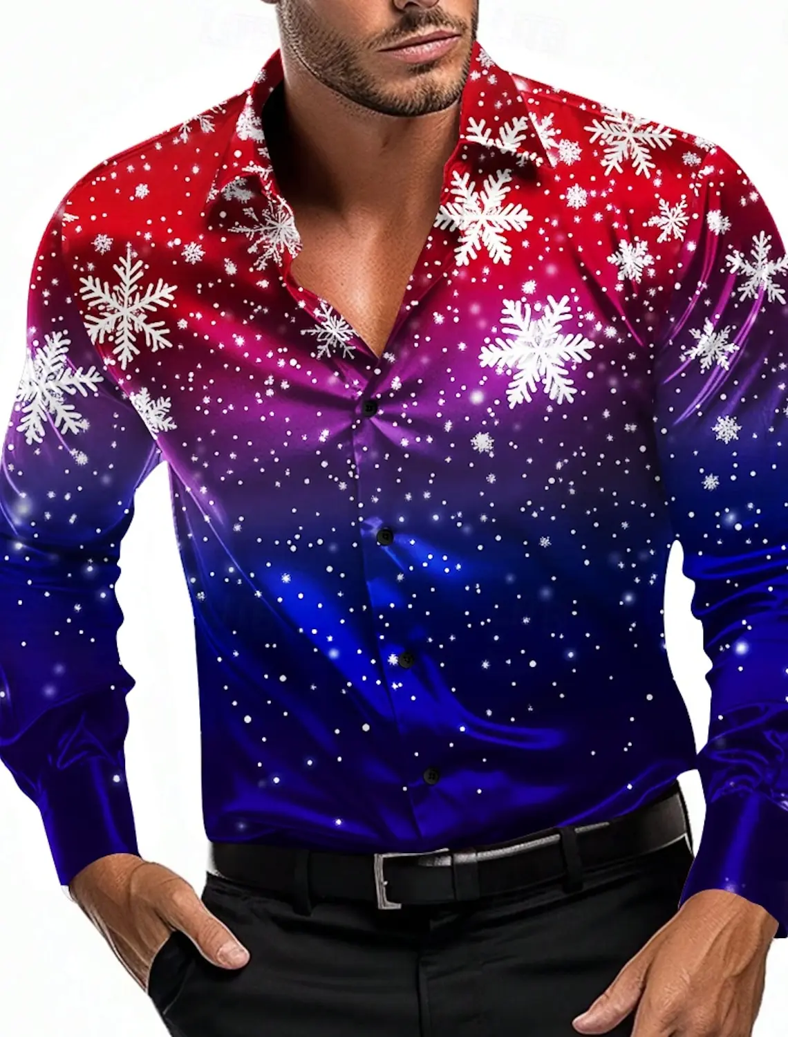 Men's New Soft Breathable Fabric Christmas Shiny Star Pattern 3D Printed Shirt Holiday New Year Festive Party Outer Top