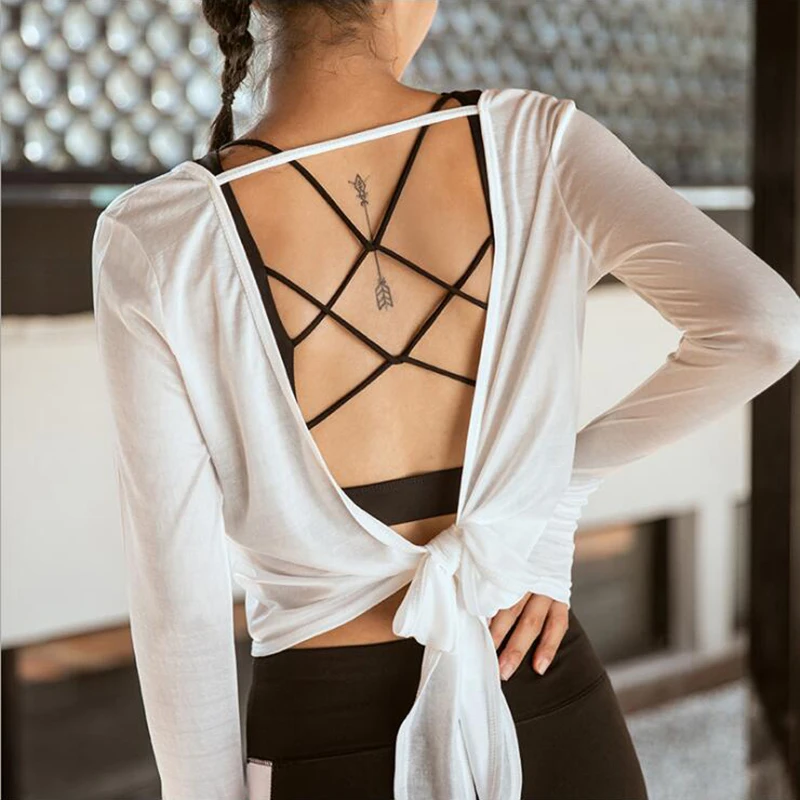 Long Sleeve Yoga Shirts New Arrival Back Pierced Sports Tops Sexy Soft Fabrics Clothes Back Knotted Running Clothing