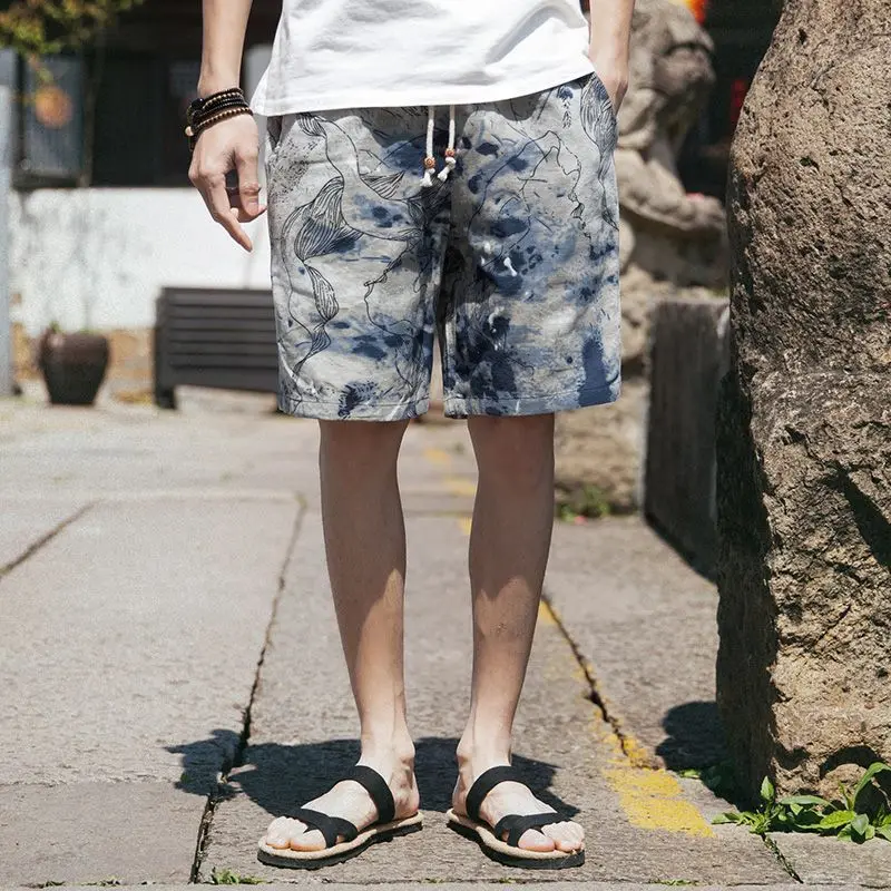 Japanese Vintage Boyfriend 2024 Summer Patchwork Elasticized Drawstring Printing Pocket for Comfortable Loose and Casual Shorts