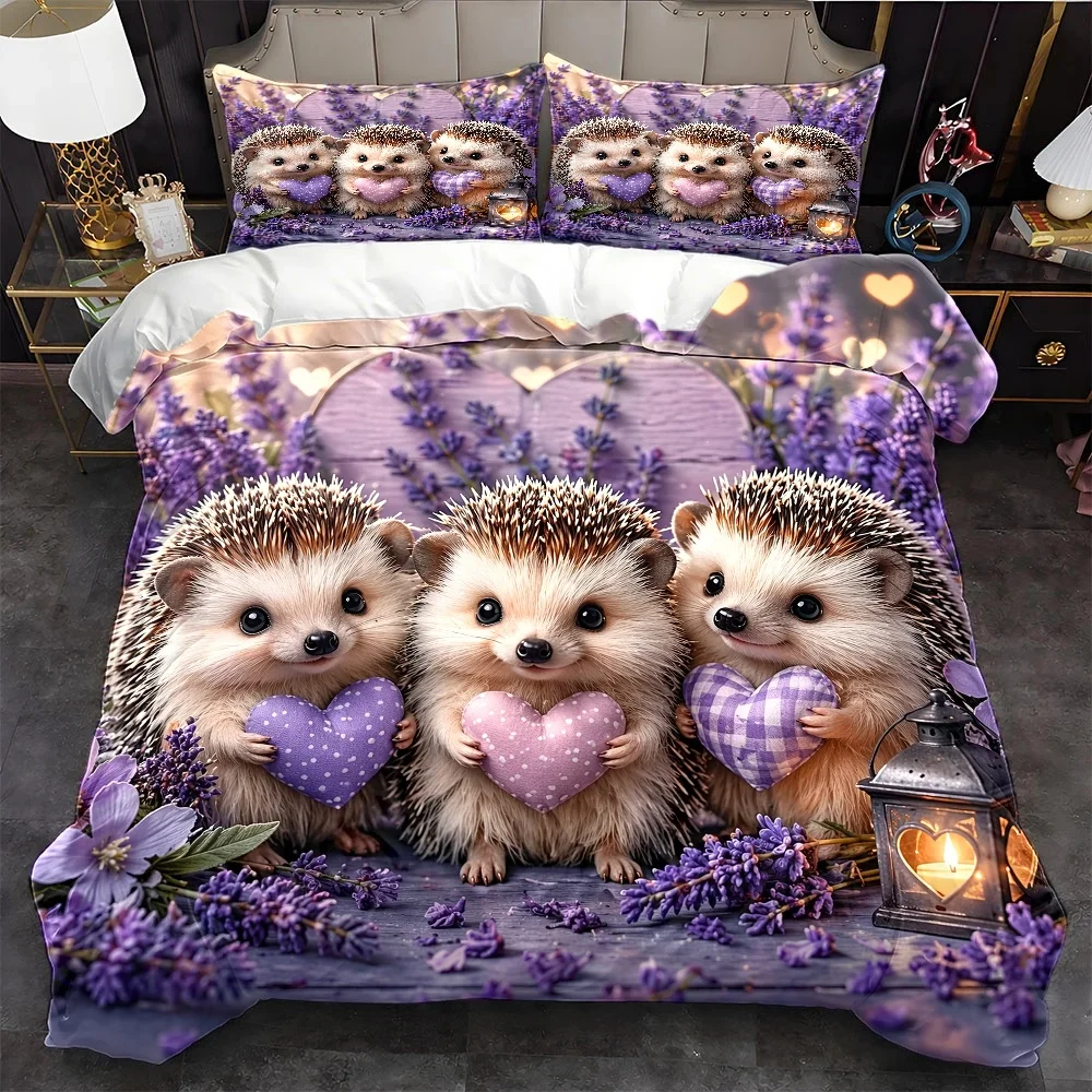Duvet Cover Sets With Zipper - 3Pc Lavender Hedgehog Love Theme Bedding