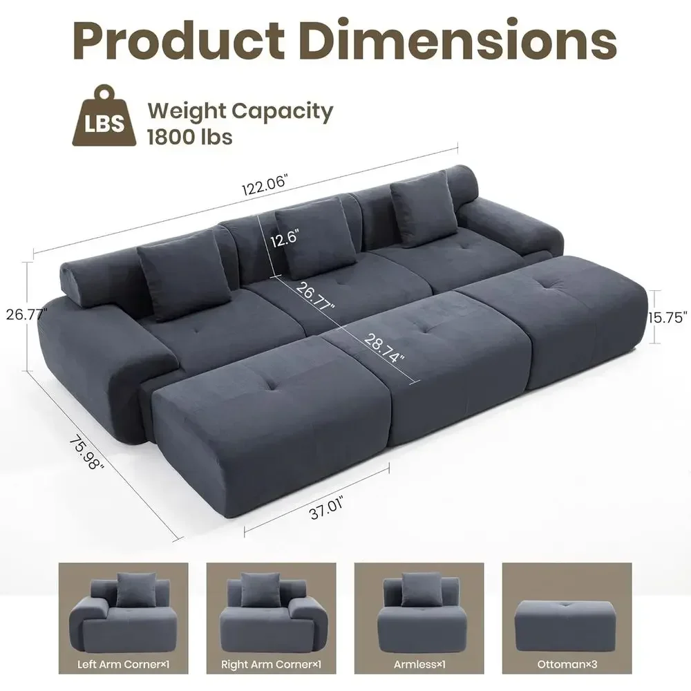 12 Sectional Sofa in L-Shape, Corduroy Upholstered with Deep Seat and Movable Ottoman, Ready to Use, Suitable for Living Room, B