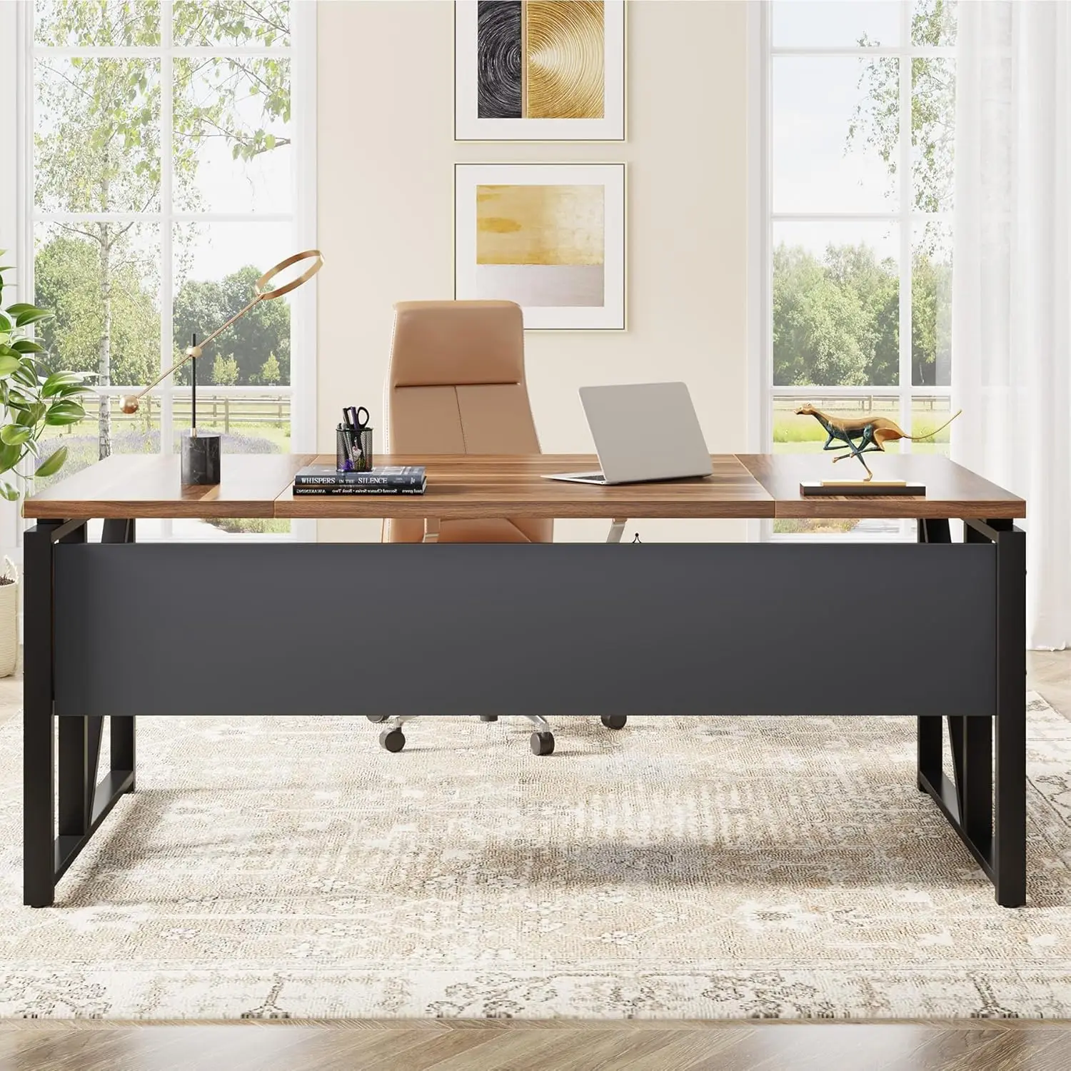 63-Inch Computer Desk with Storage Shelf, Dark Walnut Finish and Steel Legs for Home Office Workstation