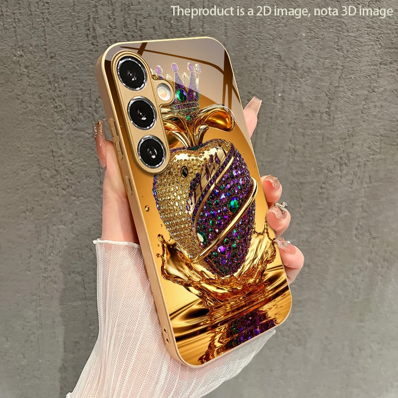 Crown Color Gem Gold Pattern 2D Phone Case for Samsung S26 S25 S24 S23 S22 S21 S20 A56 Golden Metal Paint Glass Protective Cover