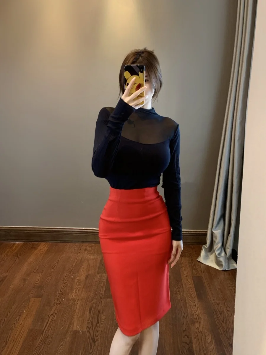 WOMENGAGA Autumn OL Elegant Women Simple High Waist Skirts Slim Split Fork Solid Skirts Red Korean Sweet Women Tights JEQ9