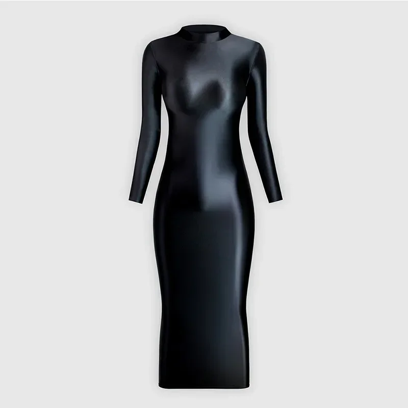 Women Glossy Shiny Buttocks Sexy Jumpsuit Elastic Silk Smooth Dress High Neck Long Sleeve Dancewear Night Club Party Costume