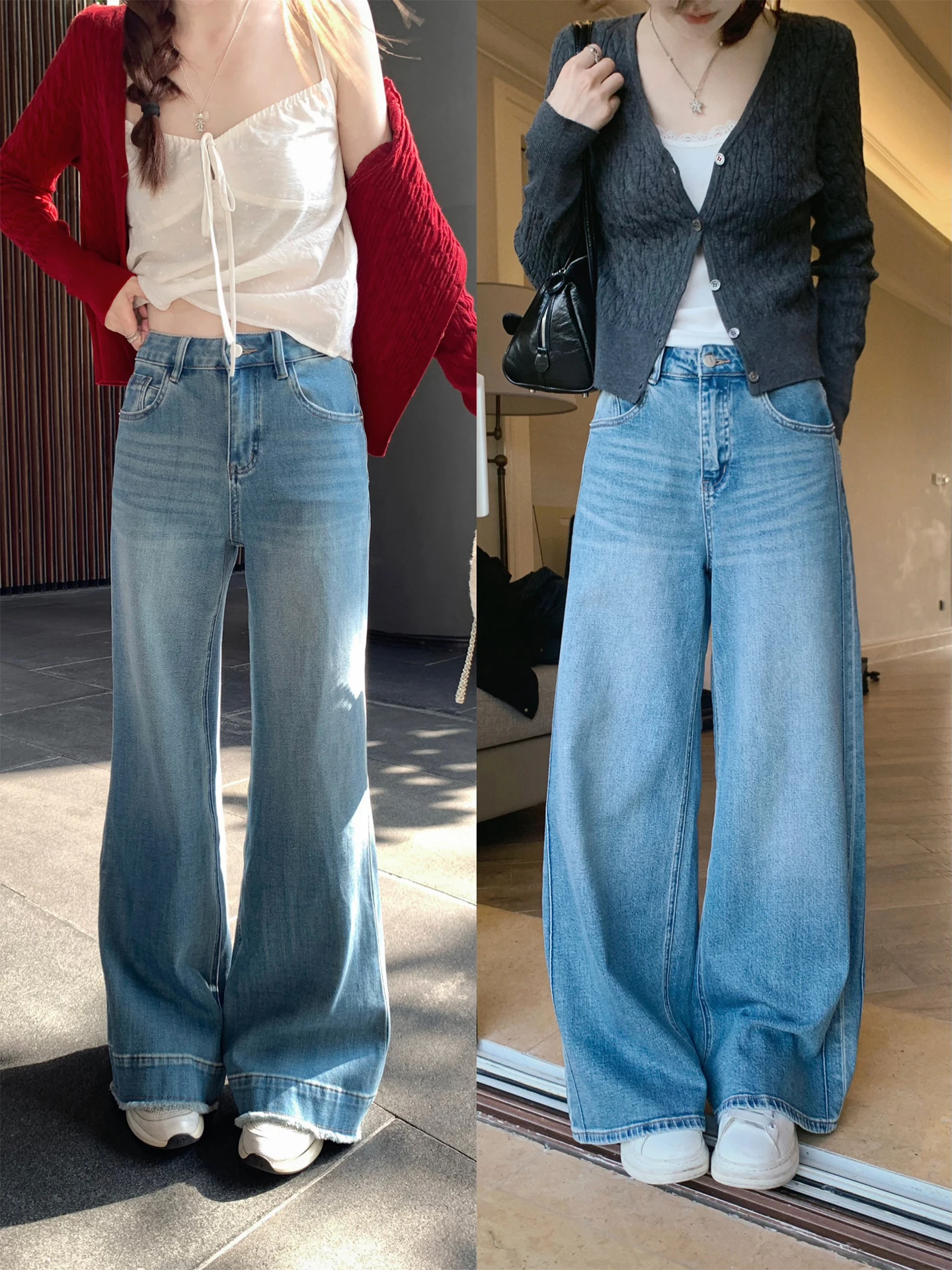 

Женские джинсы Zzhen с высокой талией и широкими штанинами, двойная версия, повседневные, из хлопкового денима, с бахромой, удобные и стройнящие