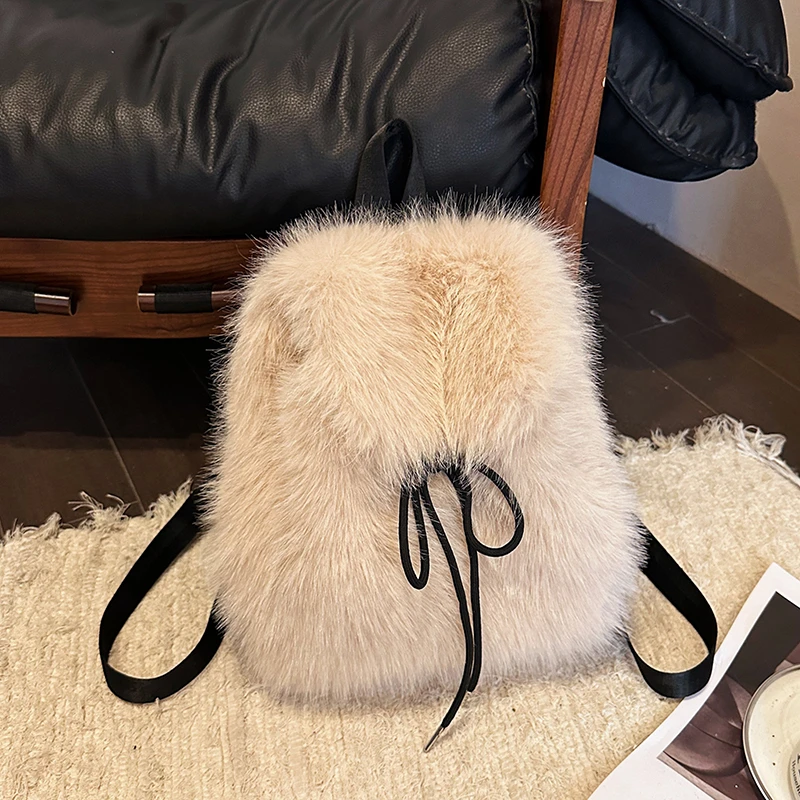 Winter Fluffy Faux Fur Backpack for Women Cute Drawstring Bucket Bag Fashion Plush Multifunctional Shoulder Crossbody Purse
