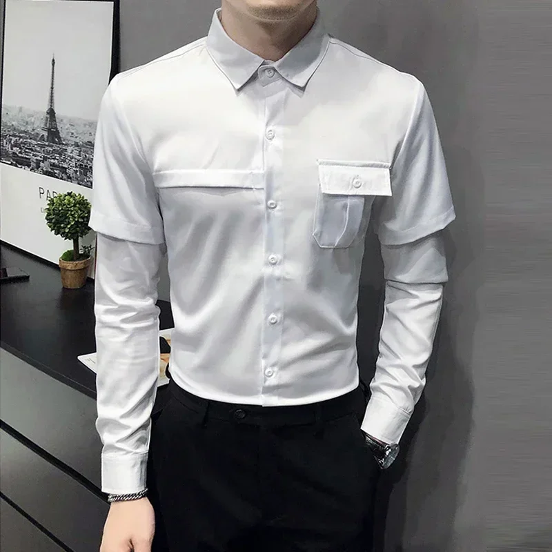 Spring Autumn Men's Silk Dress Shirt Casual Slim Fit Long-Sleeved Shirts Blouse Men Stage Party Formal Mens Brand Clothing S-5XL