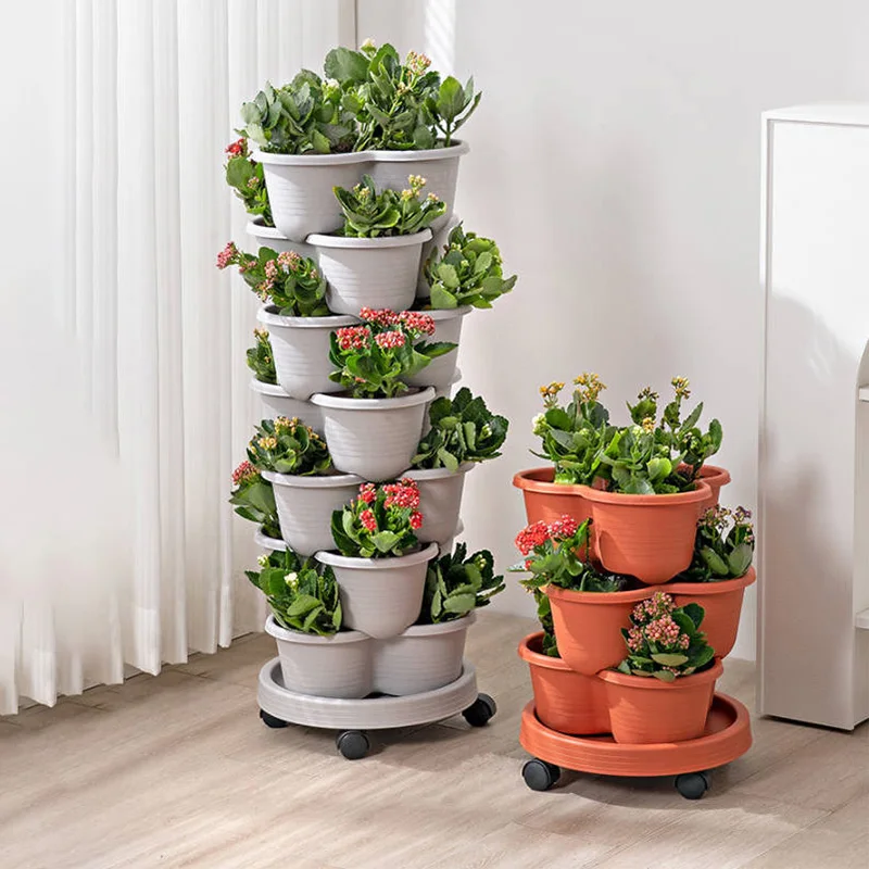 Strawberry Planter Pot Plastic Stackable Vertical Flowerpots Universal Wheel Tray Plant Seedling Holder For Herbs Home Gardening