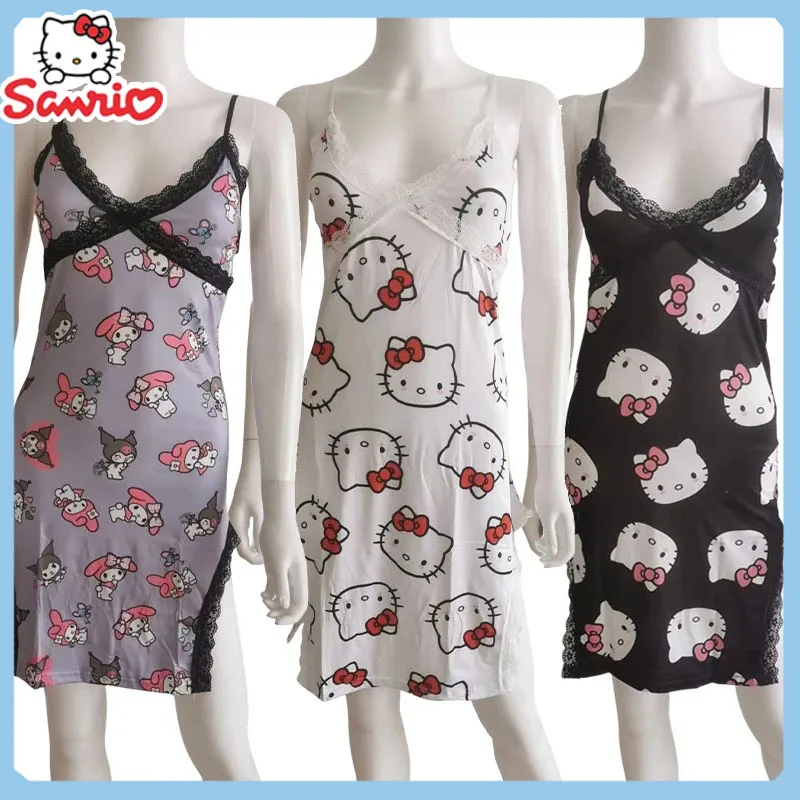 Hello Kitty Sanrio Women Sexy Sleepwear Summer Lace Suspender V-Neck Sleeveless Pajamas Nightgown Feminine Dress Pajama Gift