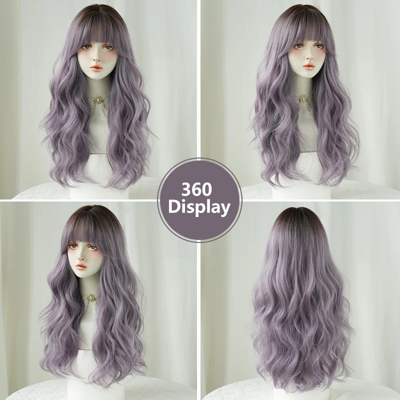 7JHH-peluca Lolita ondulada de cuerpo sintético para mujer, pelo morado con raíces oscuras, pelo en capas de alta densidad, amigable con los