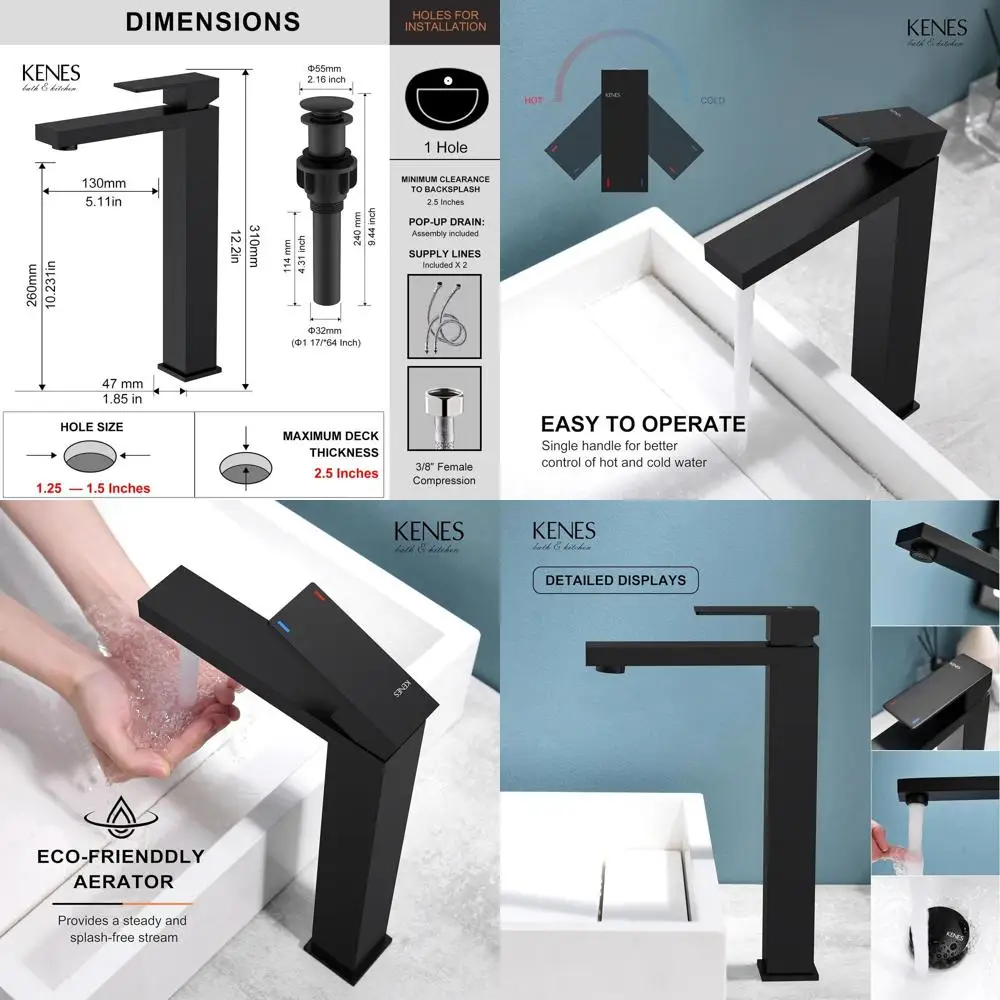 

Single Handle Matte Black Tall Vessel Sink Faucet with Supply Hose & Pop-Up Drain, LJ-9031A-2